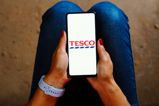 May 28, 2023, Brazil. In this photo illustration, the Tesco logo is displayed on a smartphone screen.