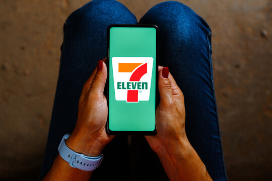 May 28, 2023, Brazil. In this photo illustration, the 7-Eleven, Inc. logo is displayed on a smartphone screen.