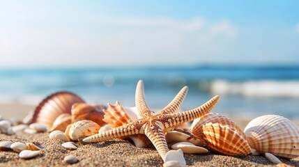 Fototapeta na wymiar Tropical beach with sea star and seashells on sand , summer background. Conch shell on beach with waves. Copy space. Ai generative