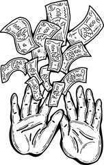 Big dollars banknotes money in your hands. Finance business, commerce, payment economy  theme for poster print, vector elements. Take or give loan. Hand drawn illustration. Cartoon style drawing.