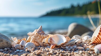 Obraz na płótnie Canvas Tropical beach with sea star and seashells on sand , summer background. Conch shell on beach with waves. Copy space. Ai generative