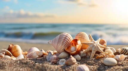 Obraz na płótnie Canvas Tropical beach with seashells on sand , summer background. Conch shell on beach with waves. Copy space. Ai generative