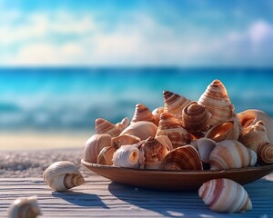 Obraz na płótnie Canvas Tropical beach with seashells in bowl on sand , summer background. Conch shell on beach with waves. Copy space. Ai generative