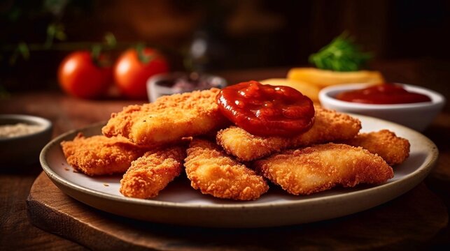 Delicious chicken nagets with ketchup on plate and wooden table. Top view. AI generated