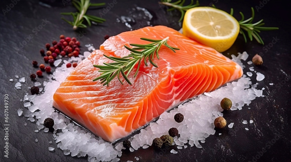 Wall mural  Fresh raw salmon fish fillet with salt, spices, herbs and lemon on black background, top view. AI generated