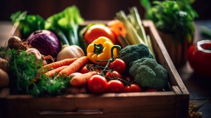 Assortment of fresh vegetables. Wooden boxes full of healthy food. AI generated