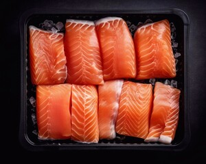  Fresh raw salmon fish fillet in plastic container on black background, top view. AI generated - obrazy, fototapety, plakaty