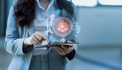 Concepts of Law and Legal services. Lawyer working with law interface icons. Blurred background, online lawyer advice.