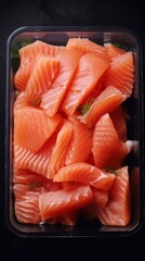  Fresh raw salmon fish fillet in plastic container on black background, top view. AI generated