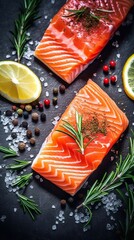  Fresh raw salmon fish fillet with salt, spices, herbs and lemon on black background, top view. AI generated