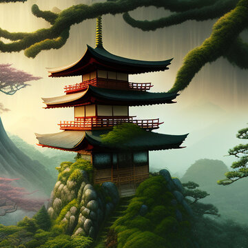 Chinese temple in the garden, fantasy