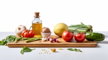 Assorted vegetables, spices, oil and herbs on wooden cutting board. AI generated