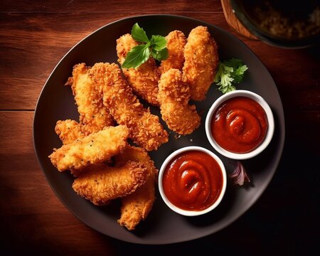 Top view of  delicious chicken nagets with ketchup on plate and wooden table. Top view. AI generated