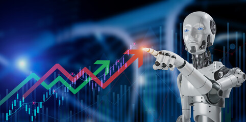 3d rendered of robot touching sales data and economic growth graph chart on city background,...