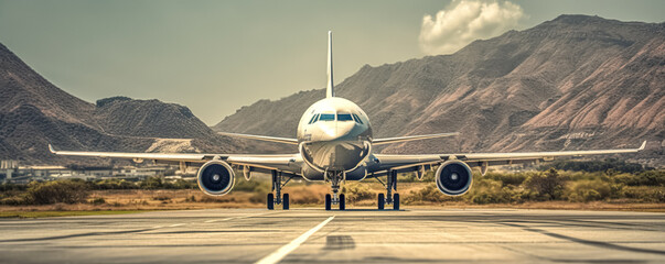 View of the runway of the airport, and a take off passenger aircraft against background the mountain system in clear weather