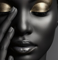 Fashion art. Beauty woman painted in black skin color body, gold makeup, lips, eyelids in gold color paint. Body art. Beauty gold metallic body, painted Skin. copy space, digital ai	