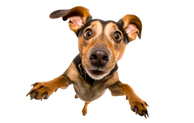 Cute playful doggy or pet is playing and looking happy isolated on transparent background. dachshund young dog is posing. Cute, happy crazy dog headshot smiling on transparent, png