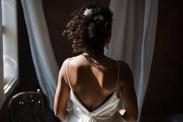 An African American Bride with Curly Hair Stands With Her Back, Wedding Hairstyle for Black Women: AI Generated Image - obrazy, fototapety, plakaty