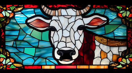 Farmhouse Chic: Stained Glass Cow Art. Generative AI.