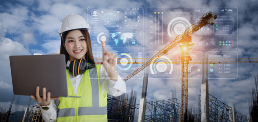 Future building construction engineering woman and technology project concept. double exposure graphic with engineer using digital tablet and smart industry and IOT software to control operation.