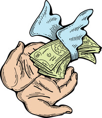 Big dollars banknotes money in your hands. Finance business, commerce, payment economy  theme for poster print, vector elements. Take or give loan. Hand drawn illustration. Cartoon style drawing.