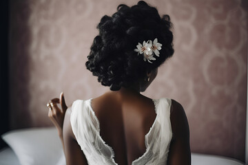 An African Bride Stands With Her Back, Wedding Hairstyle for Black Women: AI Generated Image