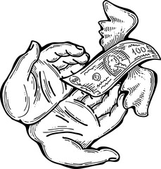 Big dollars banknotes money in your hands. Finance business, commerce, payment economy  theme for poster print, vector elements. Take or give loan. Hand drawn illustration. Cartoon style drawing.