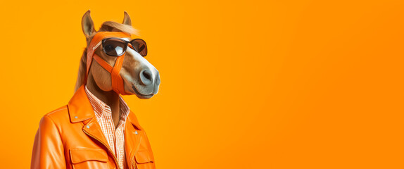 Cool looking horse dog wearing funky fashion dress - bright orange jacket, shirt, sunglasses. Wide banner with space for text right side. Stylish animal posing as supermodel. Generative AI
