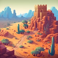 Fototapeta premium Ancient ruins in desert landscape, rpg, adventure, ruins, pixel art. generative ai 