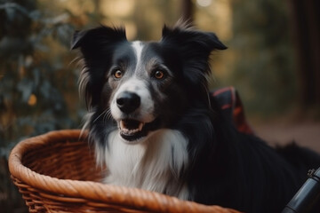 Fototapeta premium Happy dog in bicycle basket have ride together with owner. Generative AI