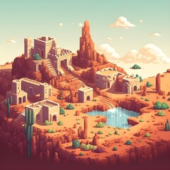 Ancient ruins in desert landscape, rpg, adventure, ruins, pixel art. generative ai	

