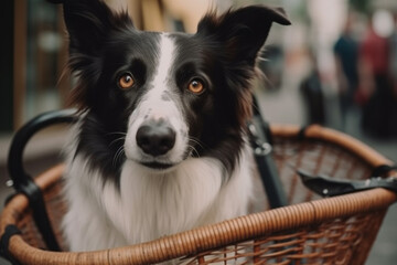 Happy dog in bicycle basket have ride together with owner. Generative AI
