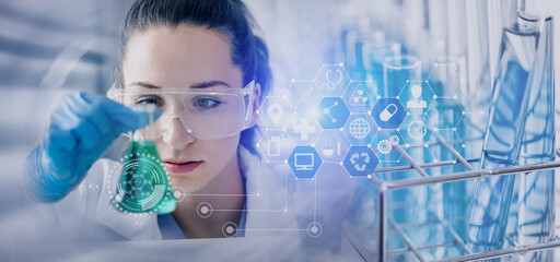 Double exposure of healthcare And Medicine concept. Doctor using modern virtual screen interface icons, 