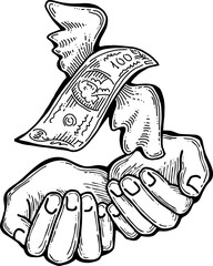 Big dollars banknotes money in your hands. Finance business, commerce, payment economy  theme for poster print, vector elements. Take or give loan. Hand drawn illustration. Cartoon style drawing.