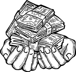 Big dollars banknotes money in your hands. Finance business, commerce, payment economy  theme for poster print, vector elements. Take or give loan. Hand drawn illustration. Cartoon style drawing.