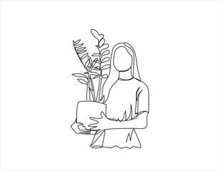 Continuous one-line drawing woman carrying a big plant