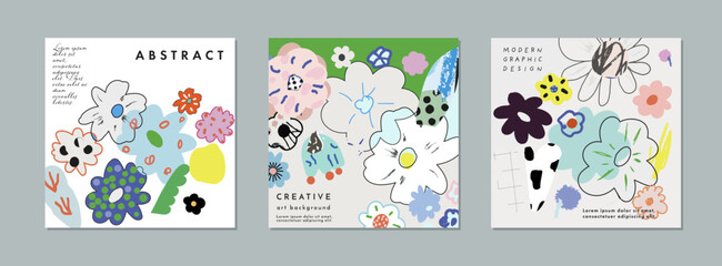 Collection of creative universal floral  artistic cards. Hand Drawn textures. . Vector - 607152140