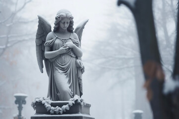 Angel statue in a snowy cemetery. Generative AI