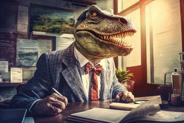 Funny looking dinosaur in businessman suit sitting at office desk, obsolete dying professions of personal Banker or Accountant concept. Generative AI