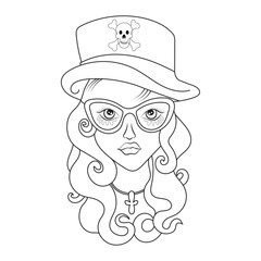 Vector illustration of pastel goth woman with long hair and skull