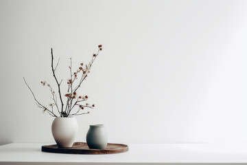 Minimalist vase and flower on isolated background.White wall background.Copy and text space.Created with generative ai