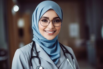 the smiling Muslim nurse wearing hijab and stethoscope, ai generative