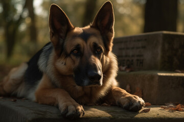 Sad and loyal dog laying on his owner grave. Friendship, loneliness and loyalty concept. Generative AI