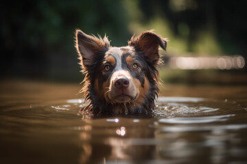 Active and happy dog swimming in the river. Generative AI