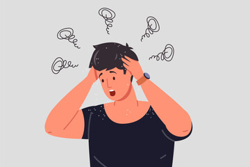 Itchy head. Nervous man scratching scalp of hands, dandruff in messed hair or clothing, worry guy with dry itching skin dermatitis infestation psoriasis problem vector illustration - obrazy, fototapety, plakaty