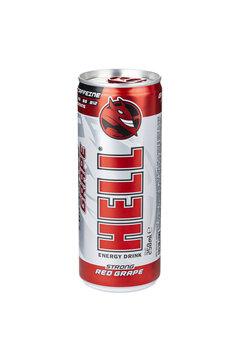 Hell Energy Strong Red Grape energy drink can high quality product photo isolated on a transparent background