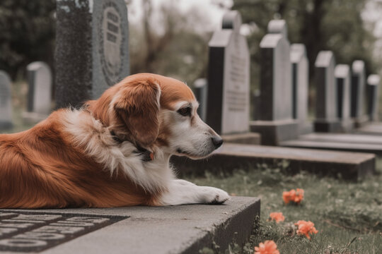 Sad and loyal dog laying on his owner grave. Friendship, loneliness and loyalty concept. Generative AI
