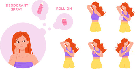 Woman body deodorant. Women apply deodorizer spray antiperspirant roll on for sweaty bad odor armpit, smelling and clean fresh fragrance underarm care hygiene vector illustration