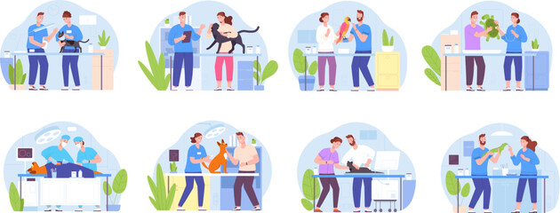 Vet examining pets. Veterinarian nurse examination sick animals in veterinary clinic or medical pet hospital, puppy dog cat parrot ultrasound