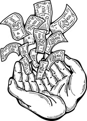 Big dollars banknotes money in your hands. Finance business, commerce, payment economy  theme for poster print, vector elements. Take or give loan. Hand drawn illustration. Cartoon style drawing.